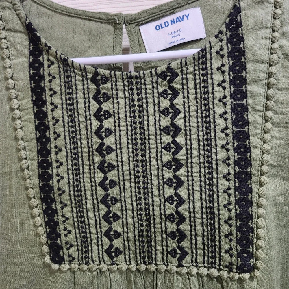 Old Navy Girls Olive Green Embroidered Bib Long Sleeve Shift Dress L 10-12 Plus